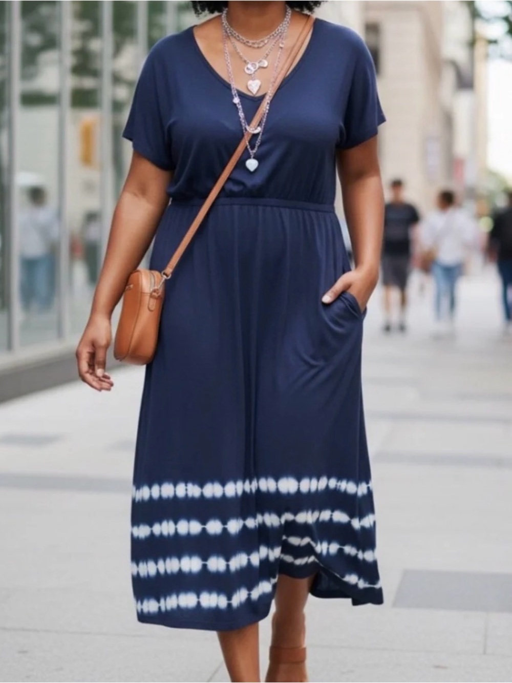 Lane Bryant Navy and White Tie-Dye V-Neck Midi Dress